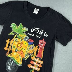 Vintage Thailand T-Shirt Women's Large Black V-neck Travel Graphic Print Scooter